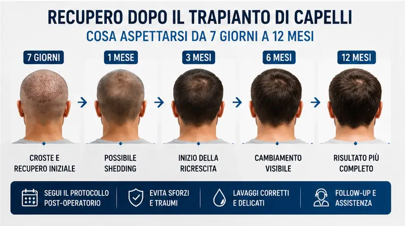 Recupero dopo il trapianto di capelli: cosa aspettarsi da 7 giorni a 12 mesi